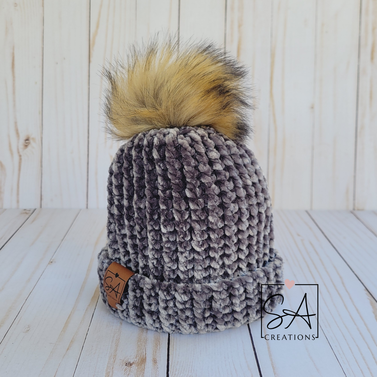 Velvet Baby Beanie with Brown Pom Pom
