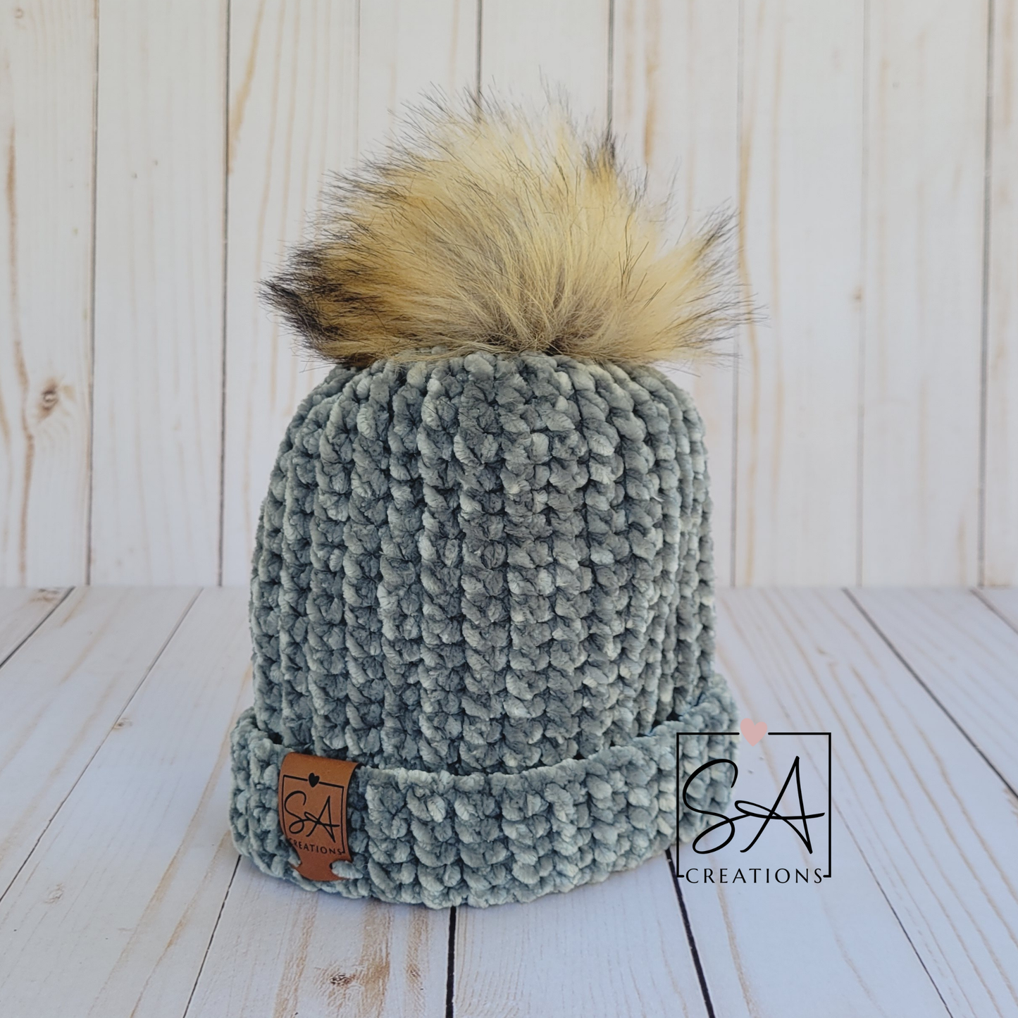 Velvet Baby Beanie with Brown Pom Pom